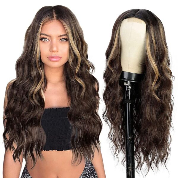 Black Mixed Brown Color Sythetic Curly Hair Wig Long Wave
