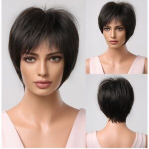 New Fashion 2023 Fiber Black Color Short Glueless Pixie Cut Hair Wigs with Bangs for Women