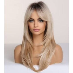 Haircube  Blonde Wigs Long Curly Wigs Shoulder Length Heat Resistant Synthetic Wigs for Women with Bangs