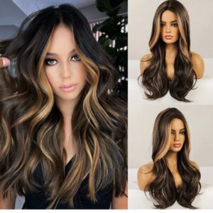 Medium highlights wavy curly long wigs