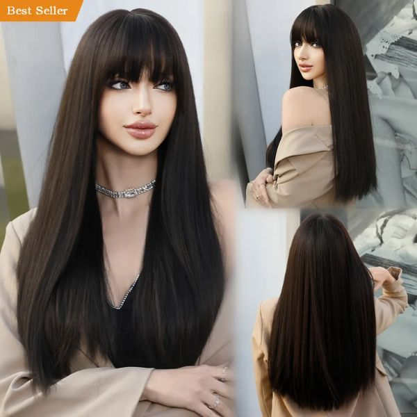 Wig Long Straight with Bangs Synthetic Wig for Pelucas Perucas